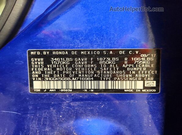 3HGGK5G68JM716984 2018 HONDA FIT Blue Вид наклейки з VIN-кодом