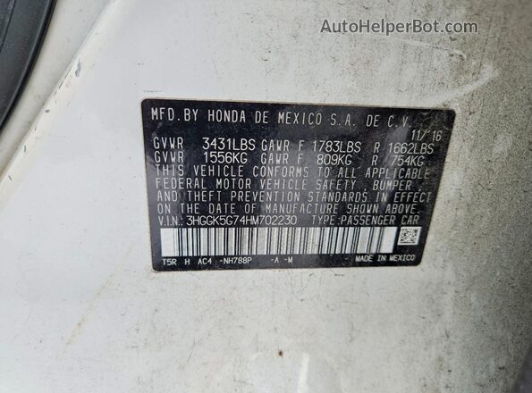 3HGGK5G74HM702230 2017 HONDA FIT Белый Вид наклейки с VIN-кодом