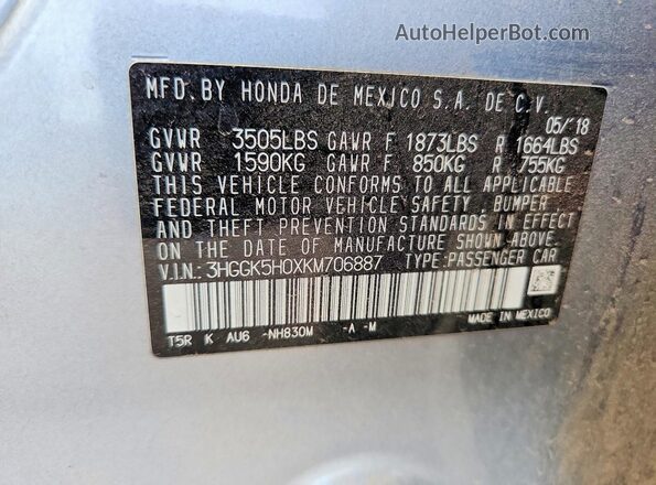 3HGGK5H0XKM706887 2019 HONDA FIT Silver Вид наклейки з VIN-кодом
