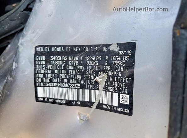 3HGGK5H40KM722325 2019 HONDA FIT Silver Вид підкапотного простору