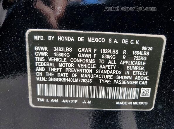 3HGGK5H40LM726246 2020 HONDA FIT Black Widok naklejki z numerem VIN