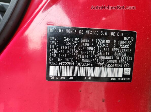 3HGGK5H41KM732345 2019 HONDA FIT Красный Вид наклейки с VIN-кодом