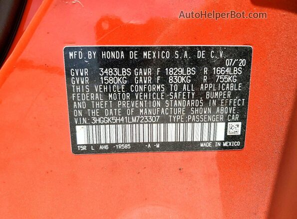 3HGGK5H41LM723307 2020 HONDA FIT Orange Vista del compartimento del motor