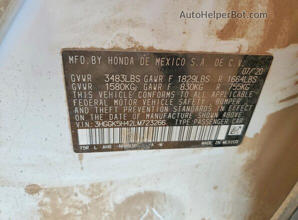 3HGGK5H42LM723266 2020 HONDA FIT White Widok naklejki z numerem VIN