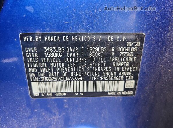 3HGGK5H42LM732369 2020 HONDA FIT Blue ძრავის განყოფილების ხედი