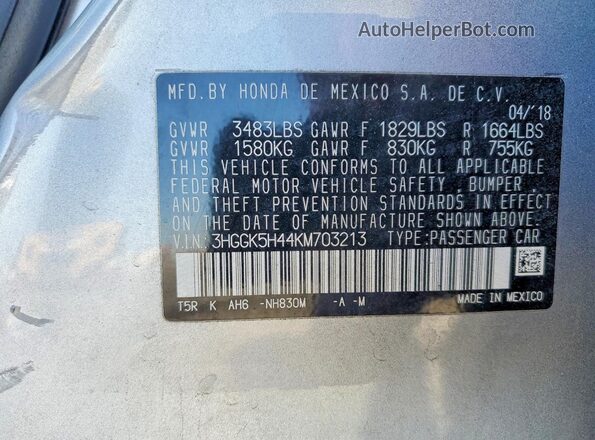 3HGGK5H44KM703213 2019 HONDA FIT Silver Widok komory silnika