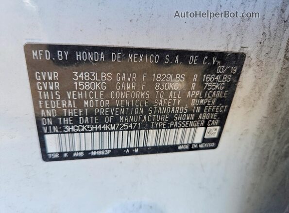 3HGGK5H44KM725471 2019 HONDA FIT Белый Вид подкапотного пространства