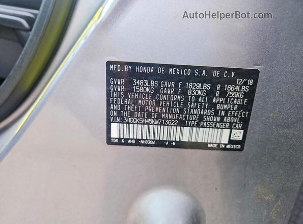 3HGGK5H45KM713622 2019 HONDA FIT Серебряный Вид подкапотного пространства