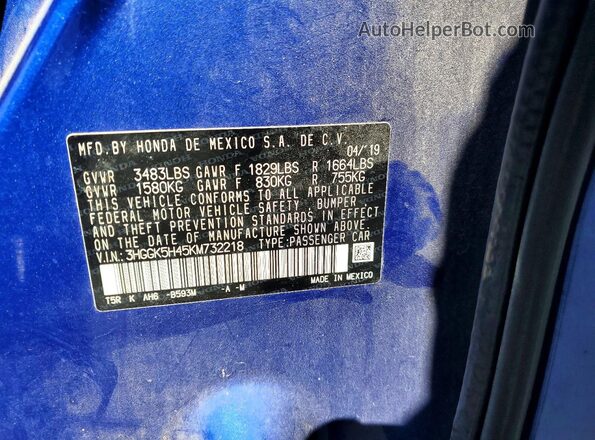 3HGGK5H45KM732218 2019 HONDA FIT Синий Вид подкапотного пространства