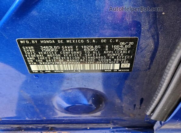 3HGGK5H46LM725599 2020 HONDA FIT Blue Вид наклейки з VIN-кодом