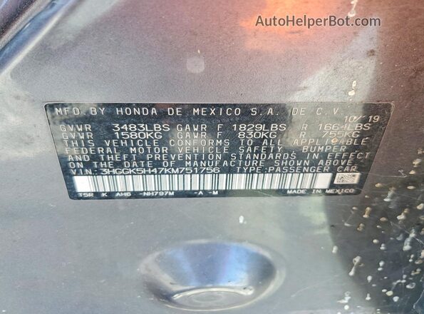 3HGGK5H47KM751756 2019 HONDA FIT Charcoal Vista del compartimento del motor