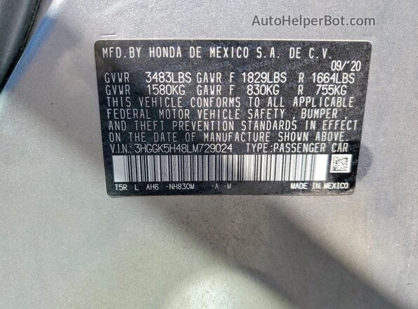 3HGGK5H48LM729024 2020 HONDA FIT Silver Widok naklejki z numerem VIN