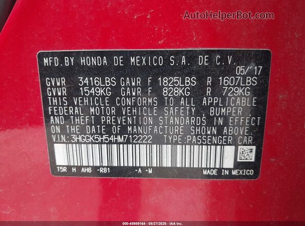 3HGGK5H54HM712222 2017 HONDA FIT Red Շարժիչի բաժամունքի տեսք