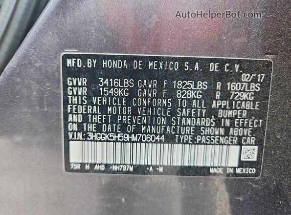 3HGGK5H59HM706044 2017 HONDA FIT Gray Widok naklejki z numerem VIN