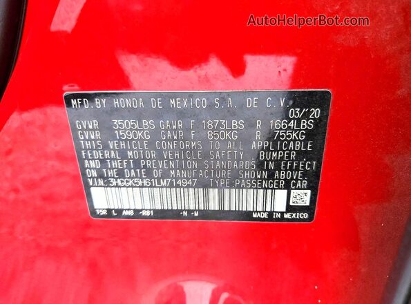 3HGGK5H61LM714947 2020 HONDA FIT Red Widok komory silnika