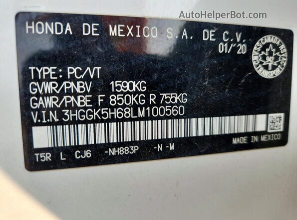 3HGGK5H68LM100560 2020 HONDA FIT White VIN կոդի պիտակի տեսք