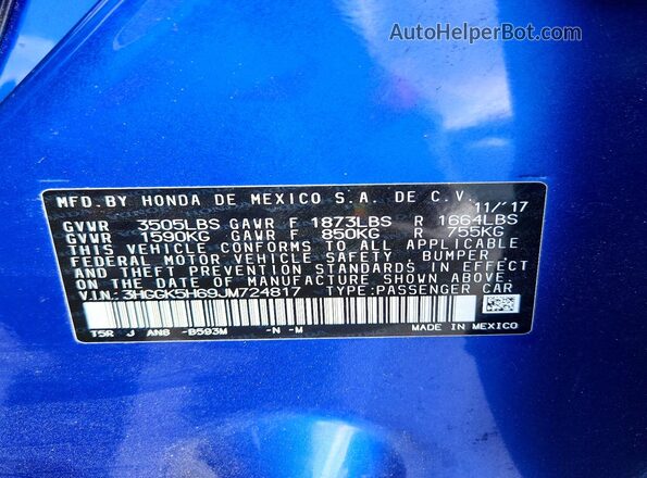 3HGGK5H69JM724817 2018 HONDA FIT Blue VIN კოდის სტიკერის ხედი