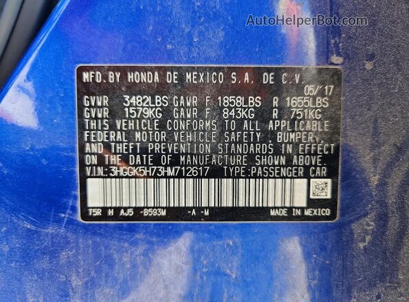 3HGGK5H73HM712617 2017 HONDA FIT Blue 