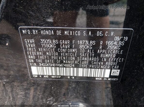 3HGGK5H81KM748824 2019 HONDA FIT Black Вид підкапотного простору