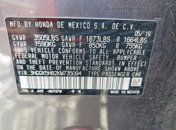 3HGGK5H82KM735094 2019 HONDA FIT Gray Widok naklejki z numerem VIN