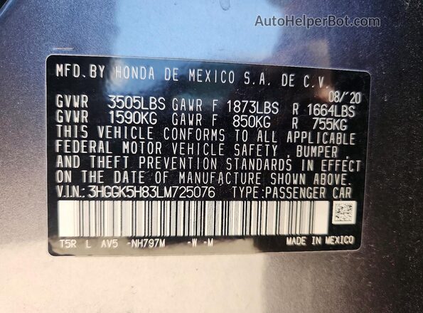 3HGGK5H83LM725076 2020 HONDA FIT Gray Widok komory silnika