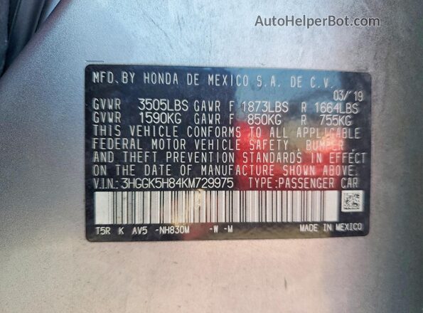 3HGGK5H84KM729975 2019 HONDA FIT Silver Engine compartment view