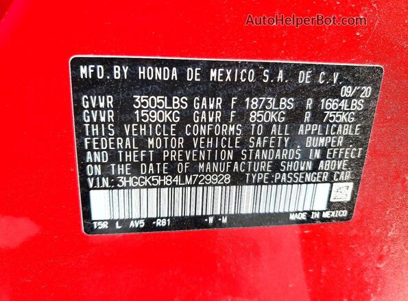 3HGGK5H84LM729928 2020 HONDA FIT Red ძრავის განყოფილების ხედი