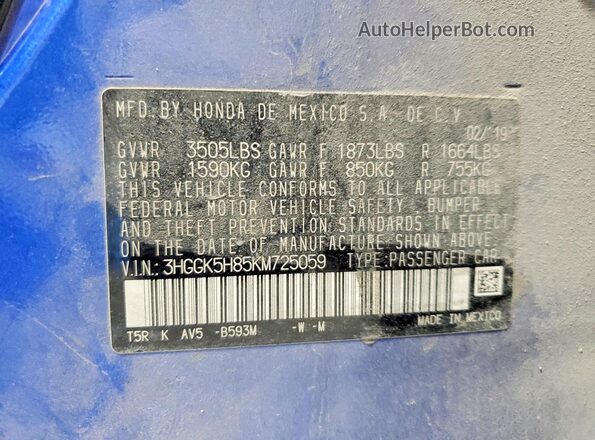 3HGGK5H85KM725059 2019 HONDA FIT Blue Engine compartment view