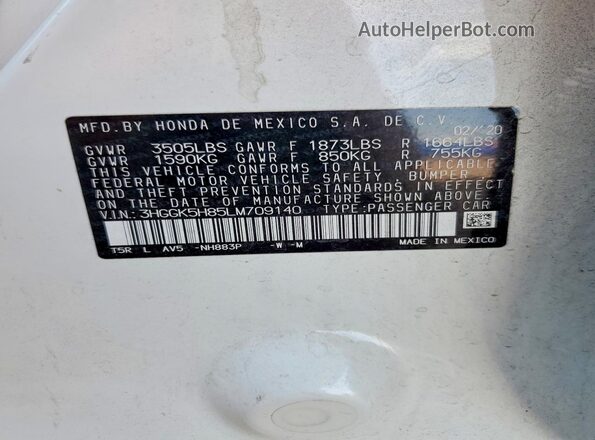 3HGGK5H85LM709140 2020 HONDA FIT White Engine compartment view