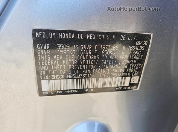 3HGGK5H85LM730117 2020 HONDA FIT Gray Вид підкапотного простору