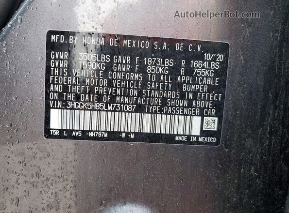 3HGGK5H85LM731087 2020 HONDA FIT Gray VIN կոդի պիտակի տեսք