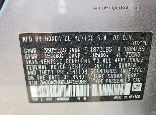3HGGK5H86LM705968 2020 HONDA FIT Silver Widok naklejki z numerem VIN