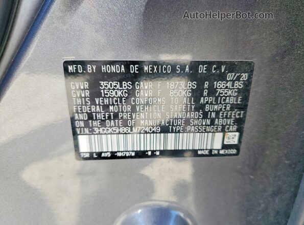 3HGGK5H86LM724049 2020 HONDA FIT Серый Вид наклейки с VIN-кодом