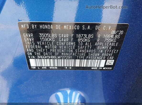 3HGGK5H86LM727291 2020 HONDA FIT Blue Widok komory silnika