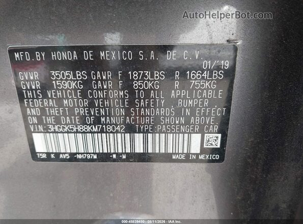 3HGGK5H88KM718042 2019 HONDA FIT Gray Engine compartment view