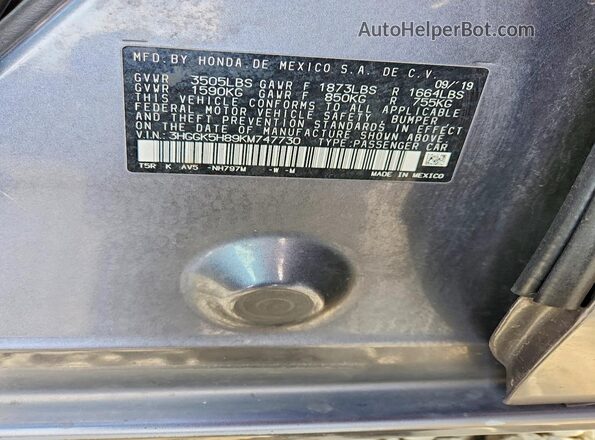 3HGGK5H89KM747730 2019 HONDA FIT Gray Շարժիչի բաժամունքի տեսք