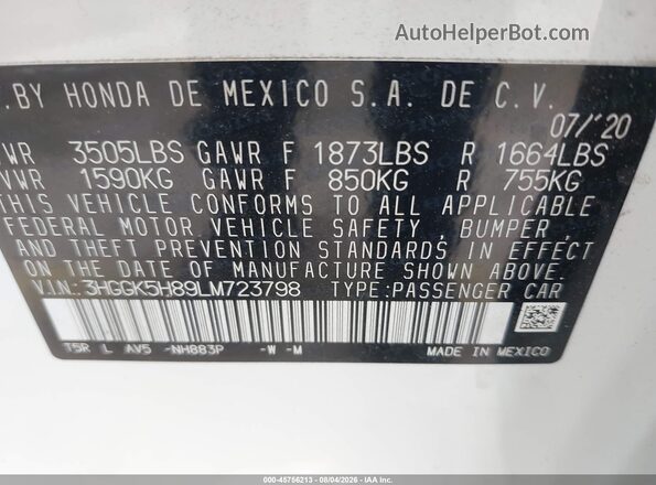 3HGGK5H89LM723798 2020 HONDA FIT White Vista del compartimento del motor