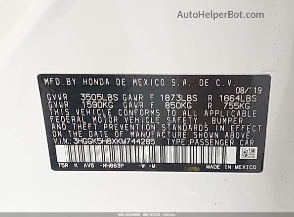 3HGGK5H8XKM744285 2019 HONDA FIT Белый Вид подкапотного пространства