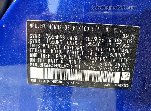 3HGGK5H90LM715291 2020 HONDA FIT Blue ძრავის განყოფილების ხედი