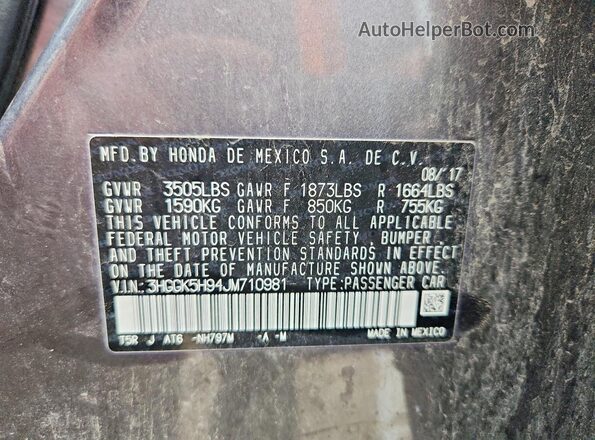 3HGGK5H94JM710981 2018 HONDA FIT Gray Vista del compartimento del motor