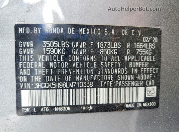 3HGGK5H98LM710338 2020 HONDA FIT Gray Widok komory silnika