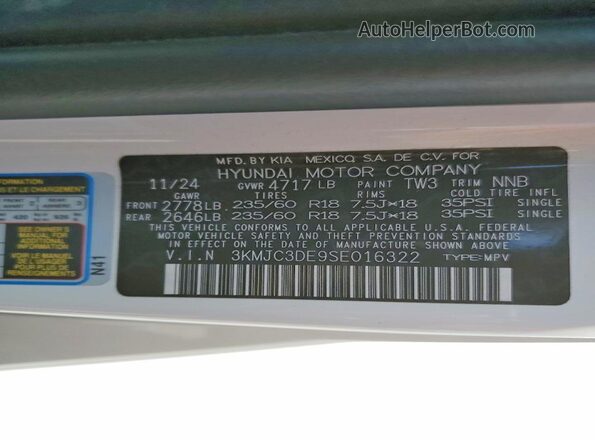 3KMJC3DE9SE016322 2025 HYUNDAI TUCSON Белый Вид наклейки с VIN-кодом
