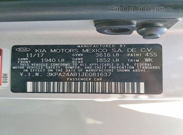 3KPA24AB1JE081637 2018 KIA RIO Серебряный Вид подкапотного пространства