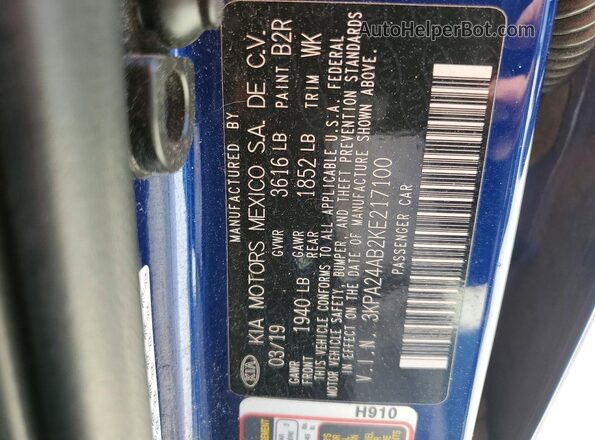 3KPA24AB2KE217100 2019 KIA RIO Blue VIN sticker view