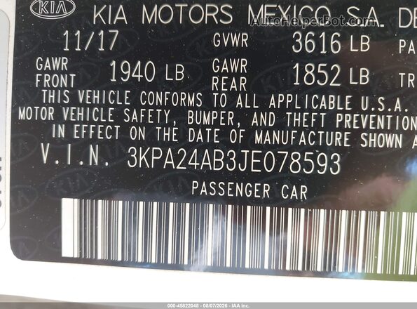 3KPA24AB3JE078593 2018 KIA RIO White Շարժիչի բաժամունքի տեսք