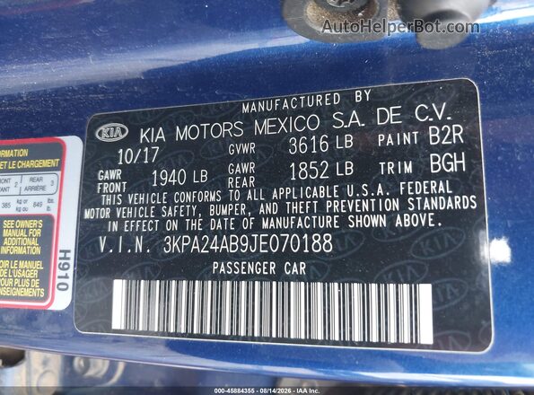 3KPA24AB9JE070188 2018 KIA RIO Синий Вид подкапотного пространства