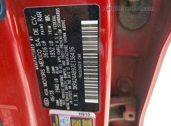 3KPA24AB9JE136416 2018 KIA RIO Red Engine compartment view