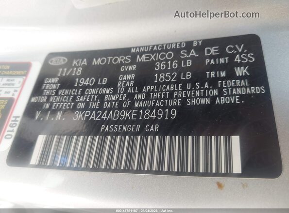 3KPA24AB9KE184919 2019 KIA RIO Silver Engine compartment view