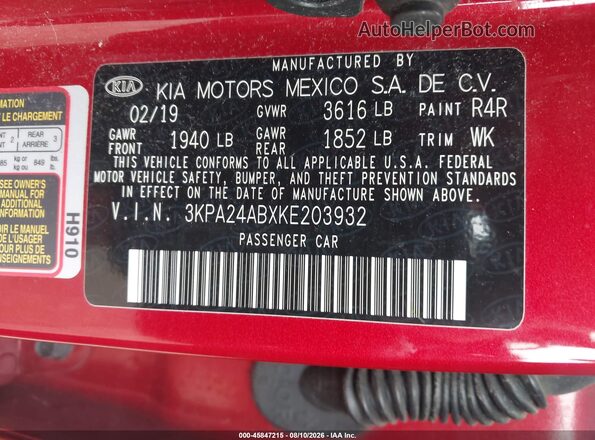 3KPA24ABXKE203932 2019 KIA RIO Red Widok komory silnika