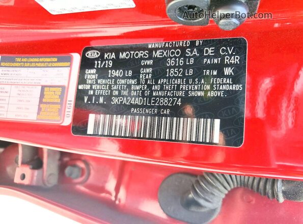 3KPA24AD1LE288274 2020 KIA RIO Red Вид підкапотного простору